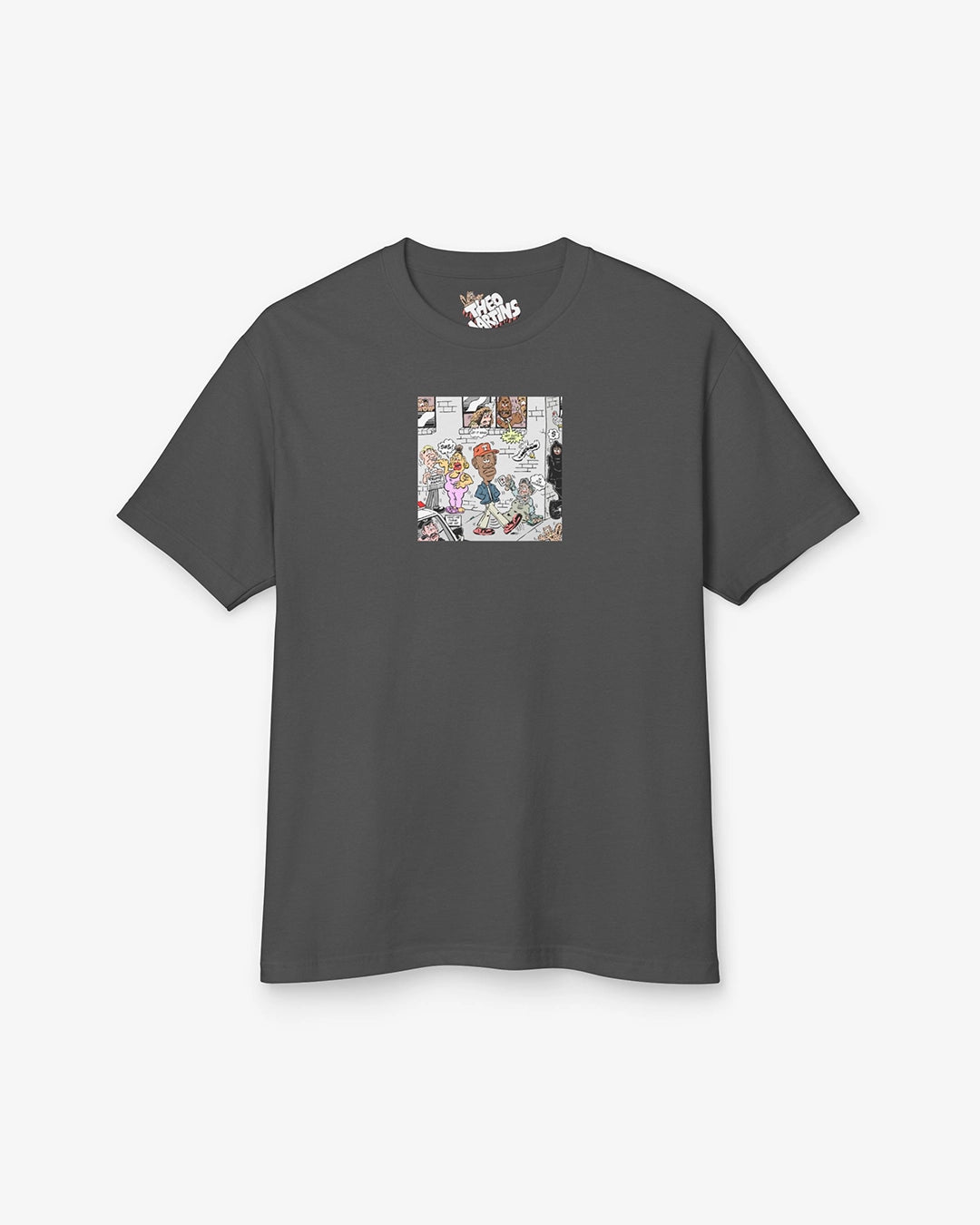 Gray t-shirt with a colorful graphic on a white background