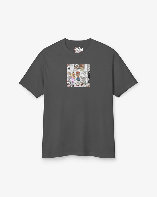Gray t-shirt with a colorful graphic on a white background