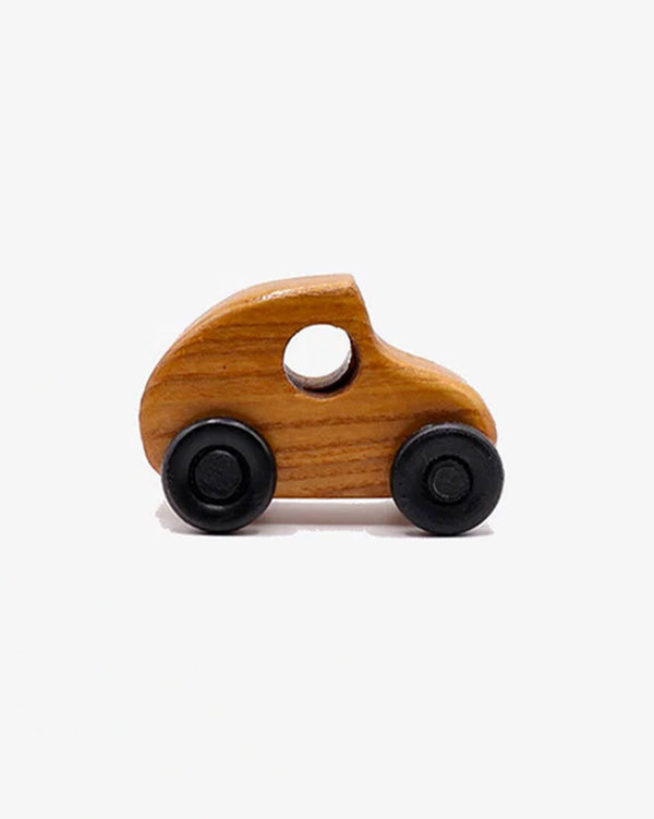 Wooden toy car with black wheels on a white background