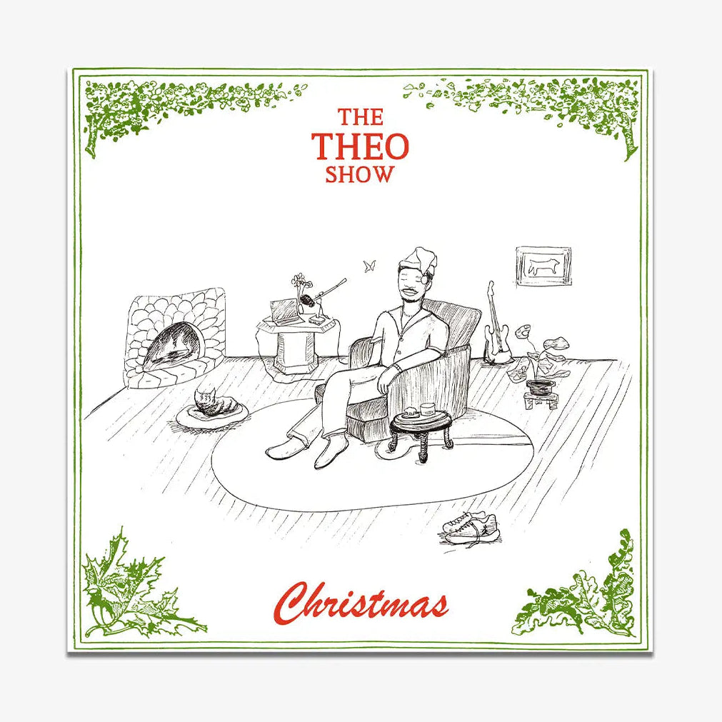 Illustration of a man sitting in a chair with decorative elements and 'The Theo Show Christmas' text on a white background.