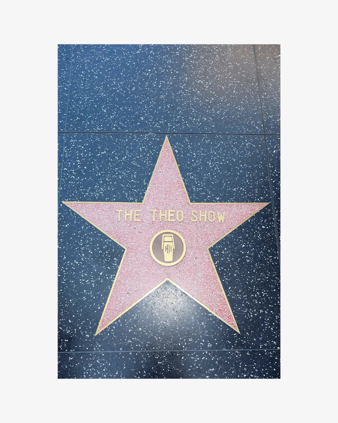 A close-up of a pink star on a dark blue speckled surface with gold lettering reading 'THE THEO SHOW' and a gold circular emblem, photographed against a light gray background.