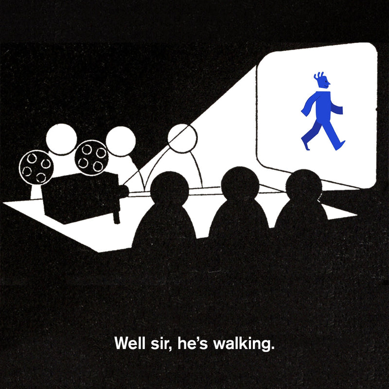 Simplified illustration of a movie theater with silhouettes of people and a screen showing a blue figure walking, with 'The Theo Show' branding above.